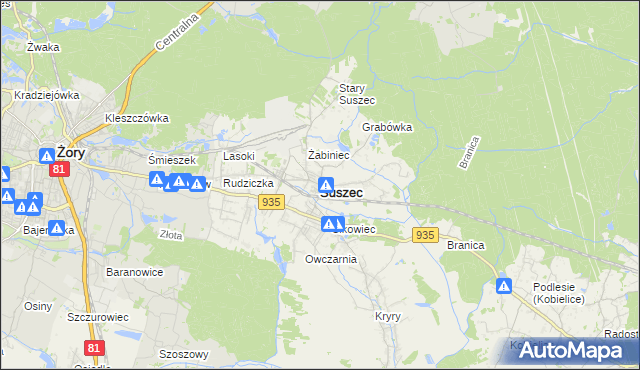 mapa Suszec powiat pszczyński, Suszec powiat pszczyński na mapie Targeo