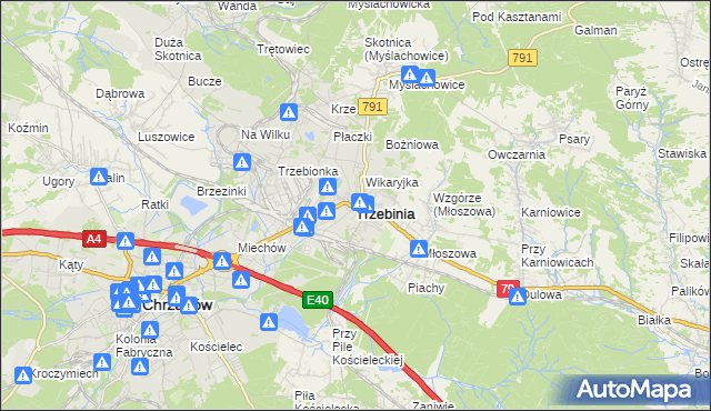 mapa Trzebinia powiat chrzanowski, Trzebinia powiat chrzanowski na mapie Targeo