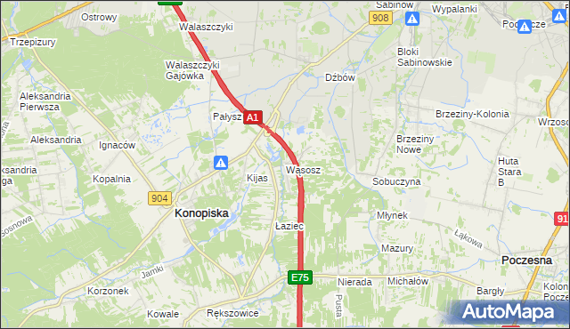 mapa Wąsosz gmina Konopiska, Wąsosz gmina Konopiska na mapie Targeo