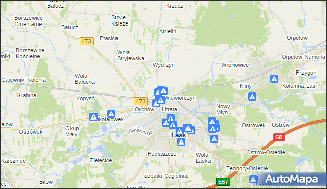mapa Wiewiórczyn gmina Łask, Wiewiórczyn gmina Łask na mapie Targeo