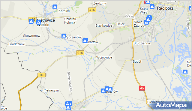 mapa Wojnowice gmina Krzanowice, Wojnowice gmina Krzanowice na mapie Targeo