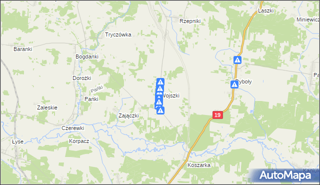 mapa Wojszki gmina Juchnowiec Kościelny, Wojszki gmina Juchnowiec Kościelny na mapie Targeo