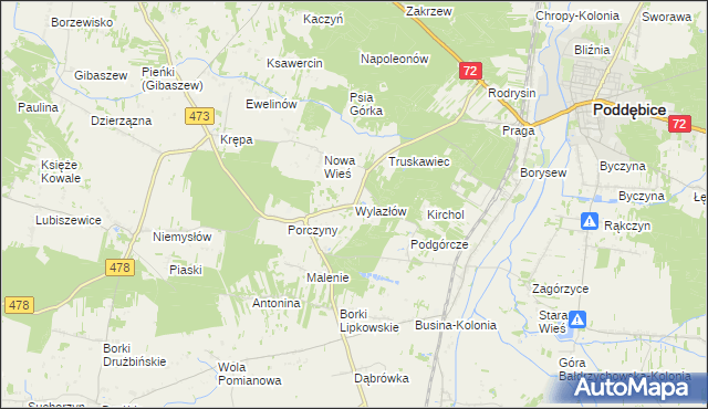 mapa Wylazłów gmina Poddębice, Wylazłów gmina Poddębice na mapie Targeo