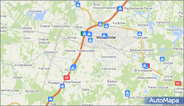 mapa Wymysłów gmina Mszczonów, Wymysłów gmina Mszczonów na mapie Targeo