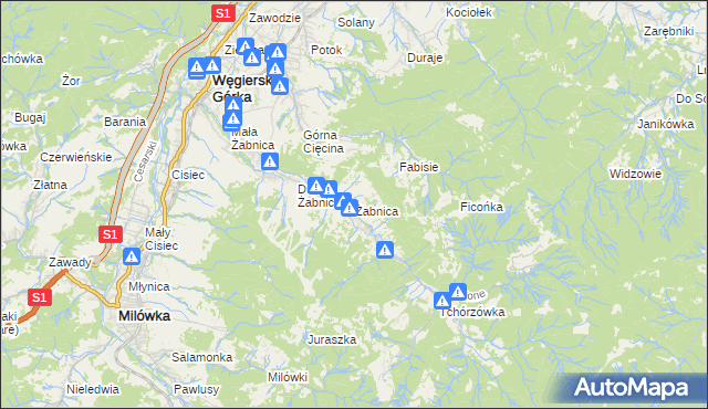mapa Żabnica gmina Węgierska Górka, Żabnica gmina Węgierska Górka na mapie Targeo