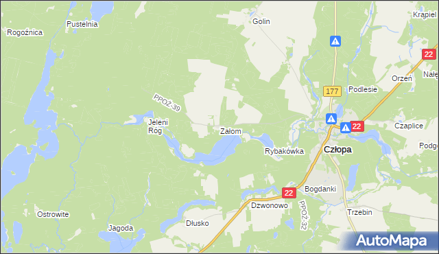 mapa Załom gmina Człopa, Załom gmina Człopa na mapie Targeo