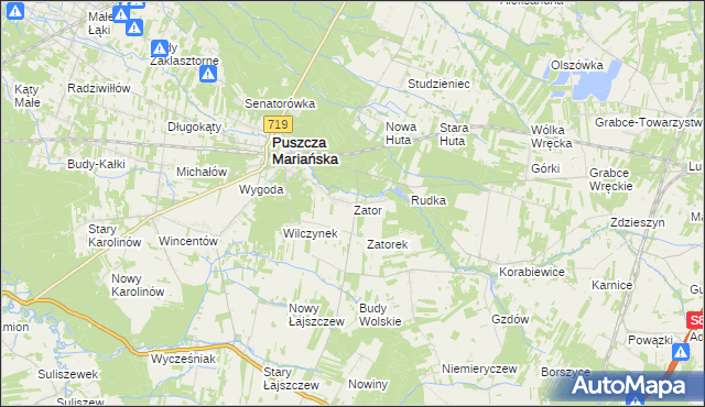 mapa Zator gmina Puszcza Mariańska, Zator gmina Puszcza Mariańska na mapie Targeo