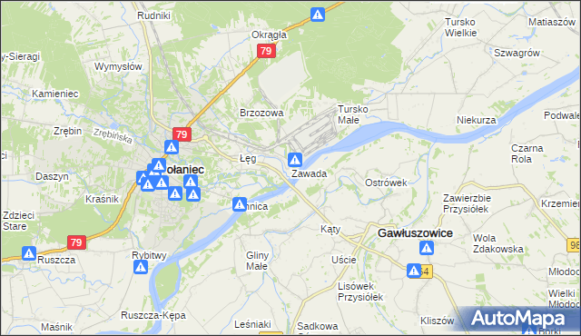 mapa Zawada gmina Połaniec, Zawada gmina Połaniec na mapie Targeo