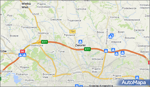 mapa Zielonki powiat krakowski, Zielonki powiat krakowski na mapie Targeo