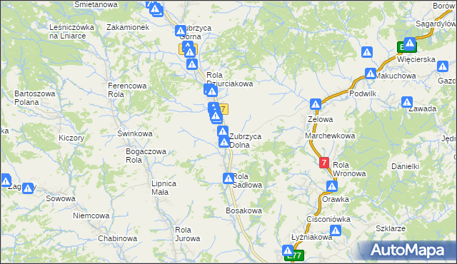 mapa Zubrzyca Dolna, Zubrzyca Dolna na mapie Targeo