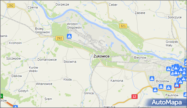 mapa Żukowice powiat głogowski, Żukowice powiat głogowski na mapie Targeo