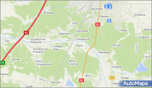 mapa Bobry gmina Radomsko, Bobry gmina Radomsko na mapie Targeo