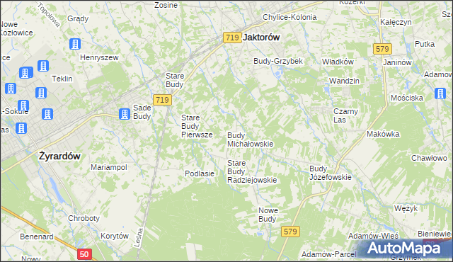 mapa Budy Michałowskie gmina Jaktorów, Budy Michałowskie gmina Jaktorów na mapie Targeo