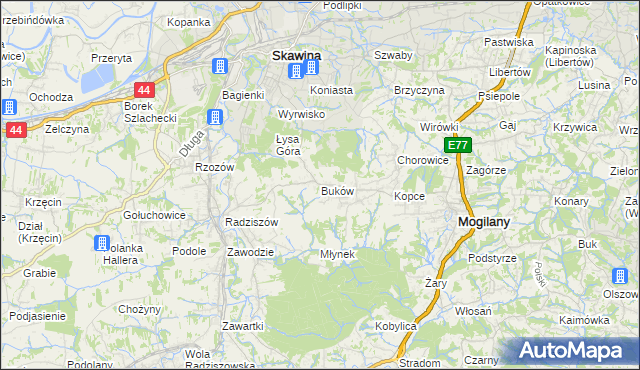 mapa Buków gmina Mogilany, Buków gmina Mogilany na mapie Targeo