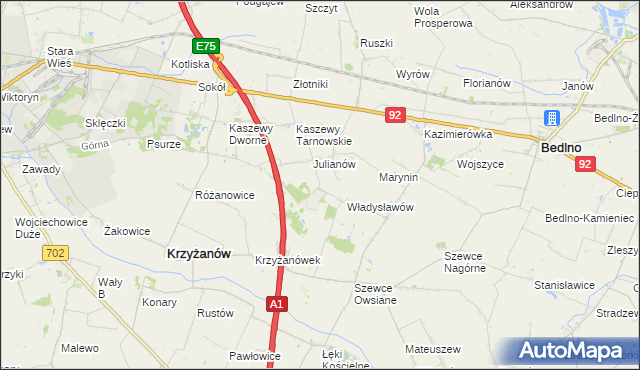 mapa Daninów gmina Krzyżanów, Daninów gmina Krzyżanów na mapie Targeo