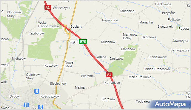 mapa Dębina gmina Strzelce, Dębina gmina Strzelce na mapie Targeo