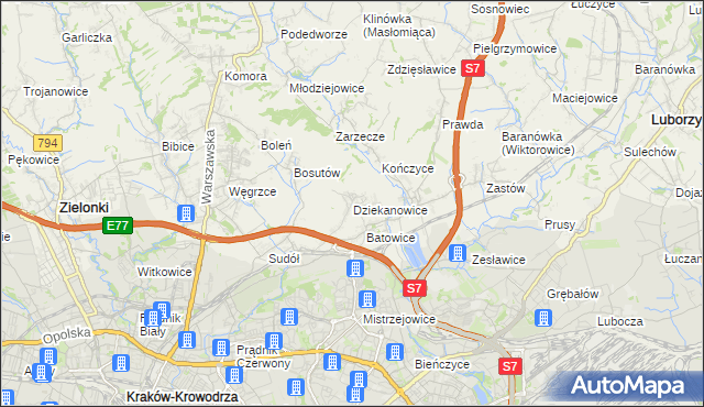 mapa Dziekanowice gmina Zielonki, Dziekanowice gmina Zielonki na mapie Targeo