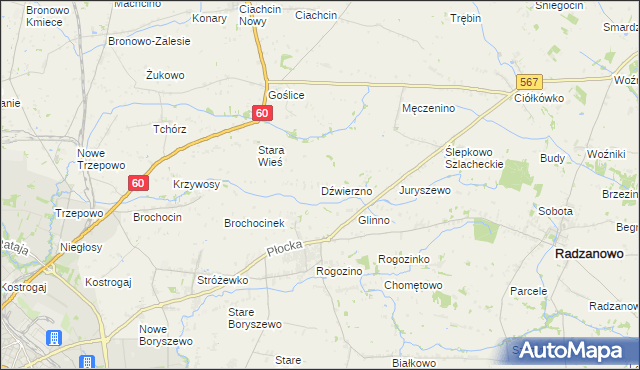 mapa Dźwierzno gmina Radzanowo, Dźwierzno gmina Radzanowo na mapie Targeo