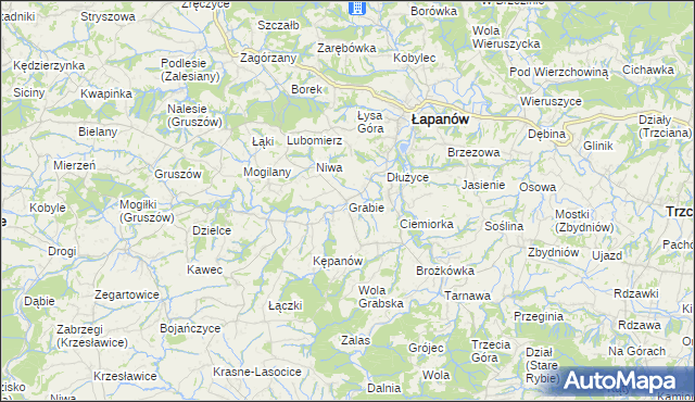 mapa Grabie gmina Łapanów, Grabie gmina Łapanów na mapie Targeo