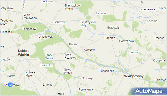 mapa Karczów gmina Wielgomłyny, Karczów gmina Wielgomłyny na mapie Targeo