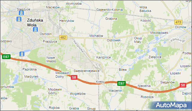 mapa Karsznice gmina Zduńska Wola, Karsznice gmina Zduńska Wola na mapie Targeo