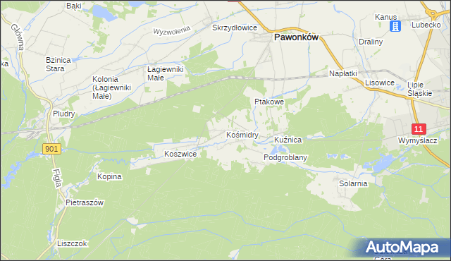 mapa Kośmidry gmina Pawonków, Kośmidry gmina Pawonków na mapie Targeo