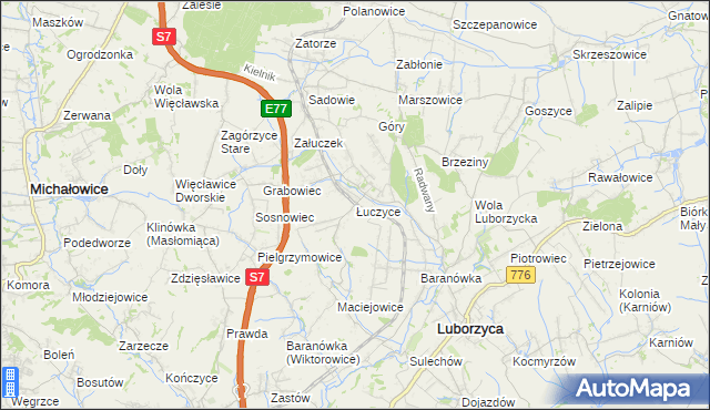 mapa Łuczyce gmina Kocmyrzów-Luborzyca, Łuczyce gmina Kocmyrzów-Luborzyca na mapie Targeo