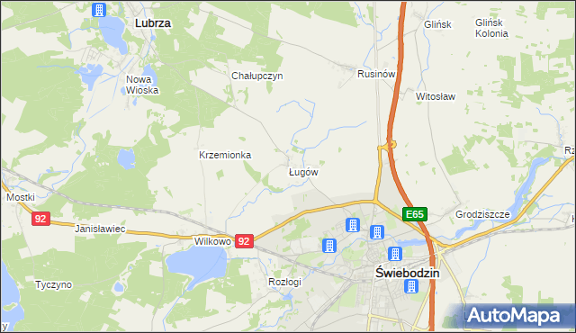 mapa Ługów gmina Świebodzin, Ługów gmina Świebodzin na mapie Targeo