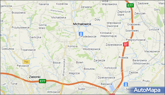 mapa Młodziejowice gmina Michałowice, Młodziejowice gmina Michałowice na mapie Targeo