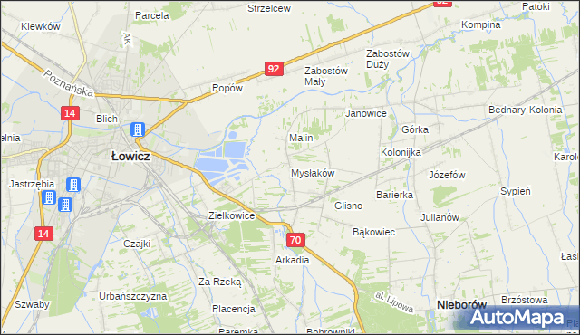 mapa Mysłaków gmina Nieborów, Mysłaków gmina Nieborów na mapie Targeo