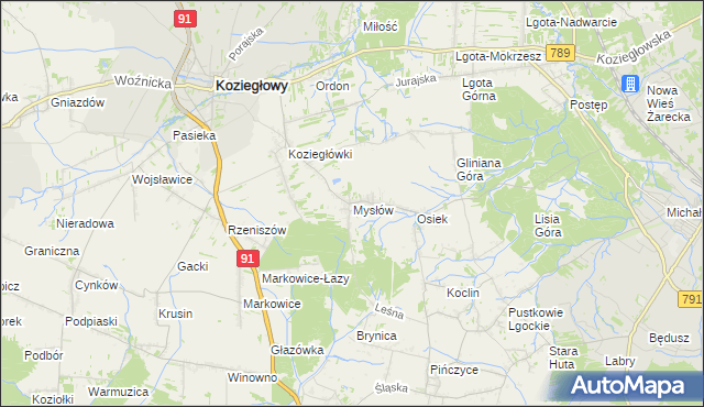 mapa Mysłów gmina Koziegłowy, Mysłów gmina Koziegłowy na mapie Targeo