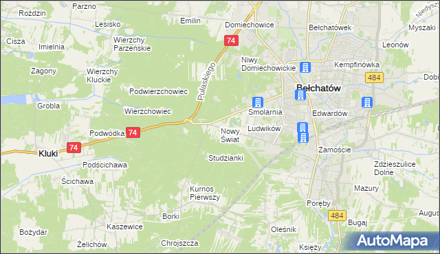 mapa Nowy Świat gmina Bełchatów, Nowy Świat gmina Bełchatów na mapie Targeo
