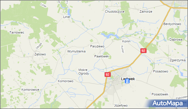 mapa Pawłówek gmina Lwówek, Pawłówek gmina Lwówek na mapie Targeo
