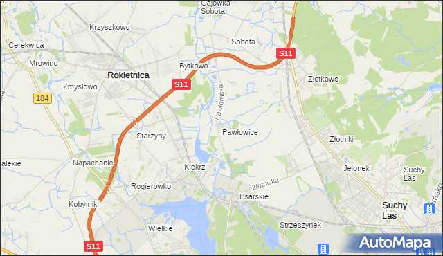 mapa Pawłowice gmina Rokietnica, Pawłowice gmina Rokietnica na mapie Targeo
