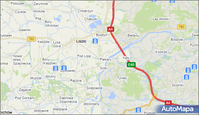 mapa Piekary gmina Liszki, Piekary gmina Liszki na mapie Targeo