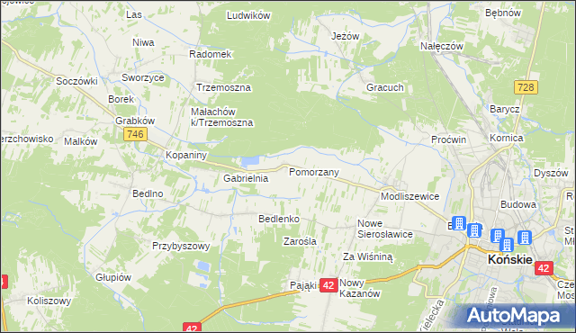 mapa Pomorzany gmina Końskie, Pomorzany gmina Końskie na mapie Targeo