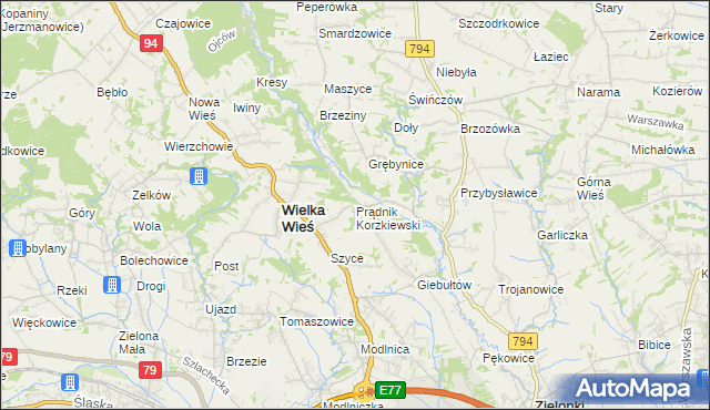 mapa Prądnik Korzkiewski, Prądnik Korzkiewski na mapie Targeo