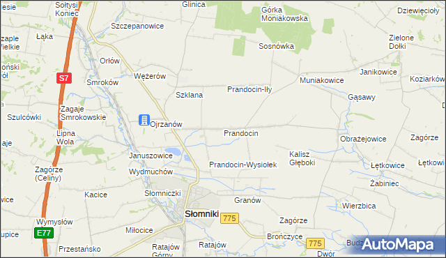 mapa Prandocin gmina Słomniki, Prandocin gmina Słomniki na mapie Targeo