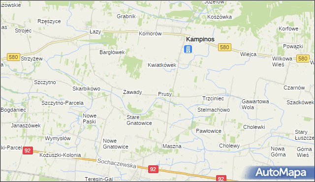 mapa Prusy gmina Kampinos, Prusy gmina Kampinos na mapie Targeo
