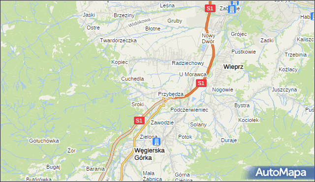 mapa Przybędza, Przybędza na mapie Targeo