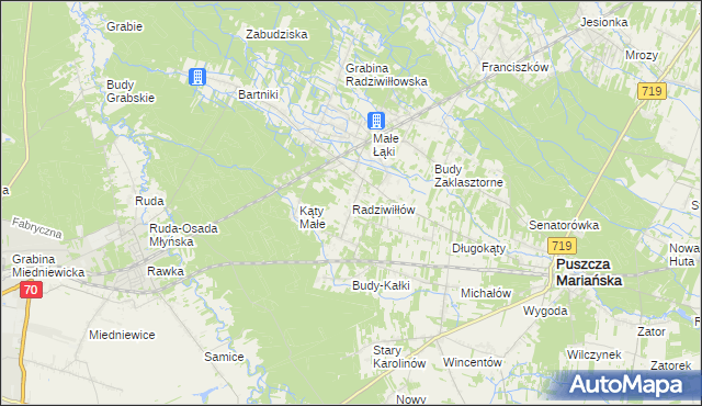 mapa Radziwiłłów gmina Puszcza Mariańska, Radziwiłłów gmina Puszcza Mariańska na mapie Targeo