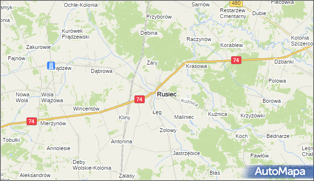 mapa Rusiec powiat bełchatowski, Rusiec powiat bełchatowski na mapie Targeo