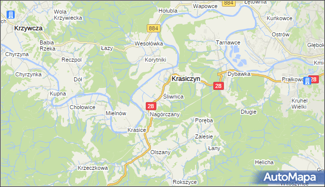 mapa Śliwnica gmina Krasiczyn, Śliwnica gmina Krasiczyn na mapie Targeo