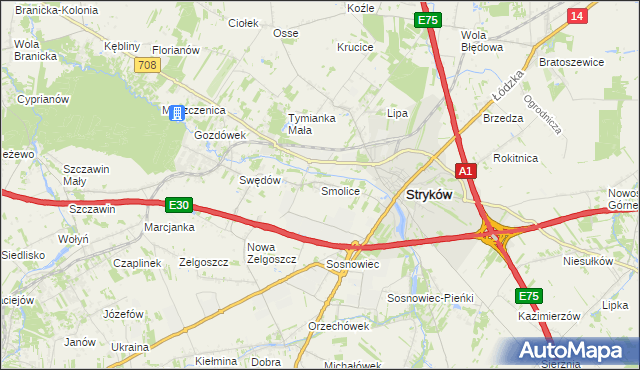 mapa Smolice gmina Stryków, Smolice gmina Stryków na mapie Targeo