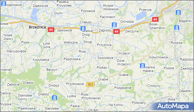 mapa Sosnowice gmina Brzeźnica, Sosnowice gmina Brzeźnica na mapie Targeo