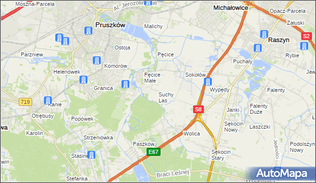 mapa Suchy Las gmina Michałowice, Suchy Las gmina Michałowice na mapie Targeo