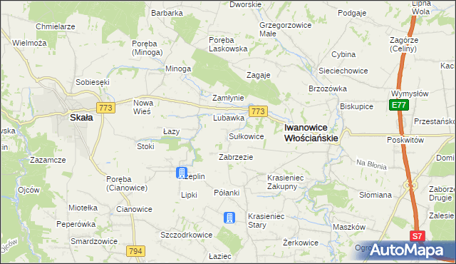 mapa Sułkowice gmina Iwanowice, Sułkowice gmina Iwanowice na mapie Targeo