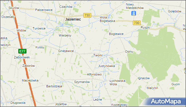 mapa Tworki gmina Jasieniec, Tworki gmina Jasieniec na mapie Targeo