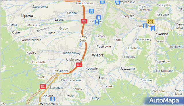 mapa Wieprz gmina Radziechowy-Wieprz, Wieprz gmina Radziechowy-Wieprz na mapie Targeo