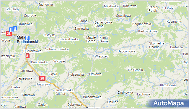 mapa Wieprzec gmina Maków Podhalański, Wieprzec gmina Maków Podhalański na mapie Targeo